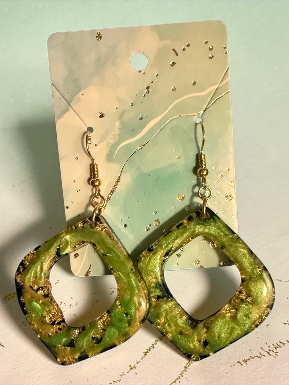 Gold-Accent Green Resin Geometric Dangle Earrings